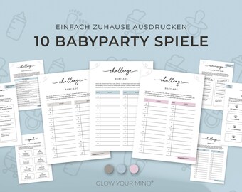 Puede incluir: Juegos imprimibles para baby shower en papel blanco, con varios desafíos y actividades. El texto incluye "10 BABYPARTY SPIELE" y "challenge BABY-ABC" sobre un fondo azul claro.