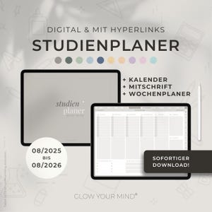 Könnte beinhalten: Ein digitaler Studienplaner mit Hyperlinks. Der Planer beinhaltet einen Kalender, einen Notizbereich und einen Wochenplaner. Der Planer ist zum Download verfügbar. Der Text auf dem Bildschirm lautet "studienplaner" und "08/2025 bis 08/2026".