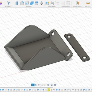 May include: A 3D rendering of a gray metal object, possibly a bracket or container, with a curved interior and two holes on the side. A separate, rectangular piece with two holes is also present.