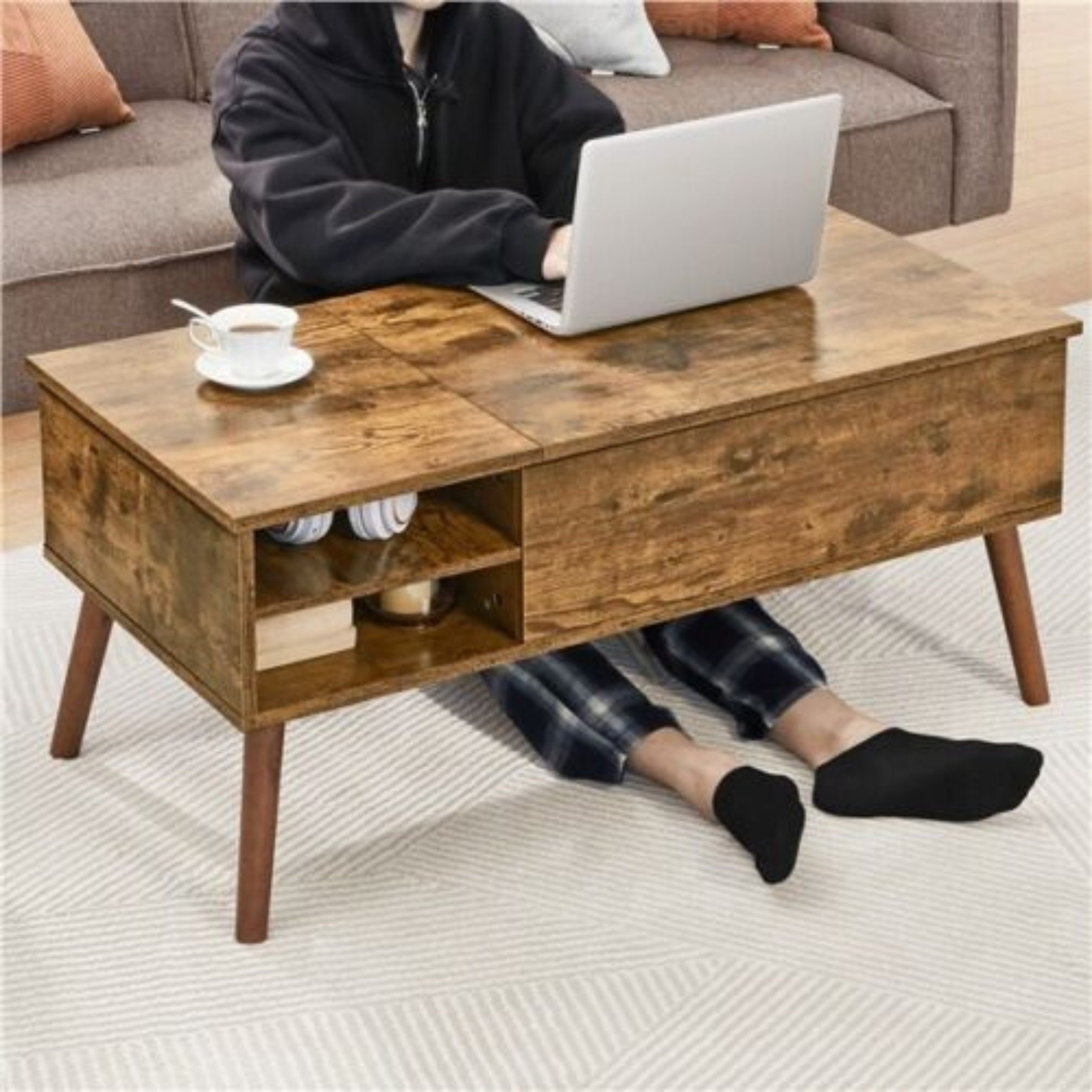 Lift Top Wooden Coffee Table With Storage Shelves Rustic Etsy UK