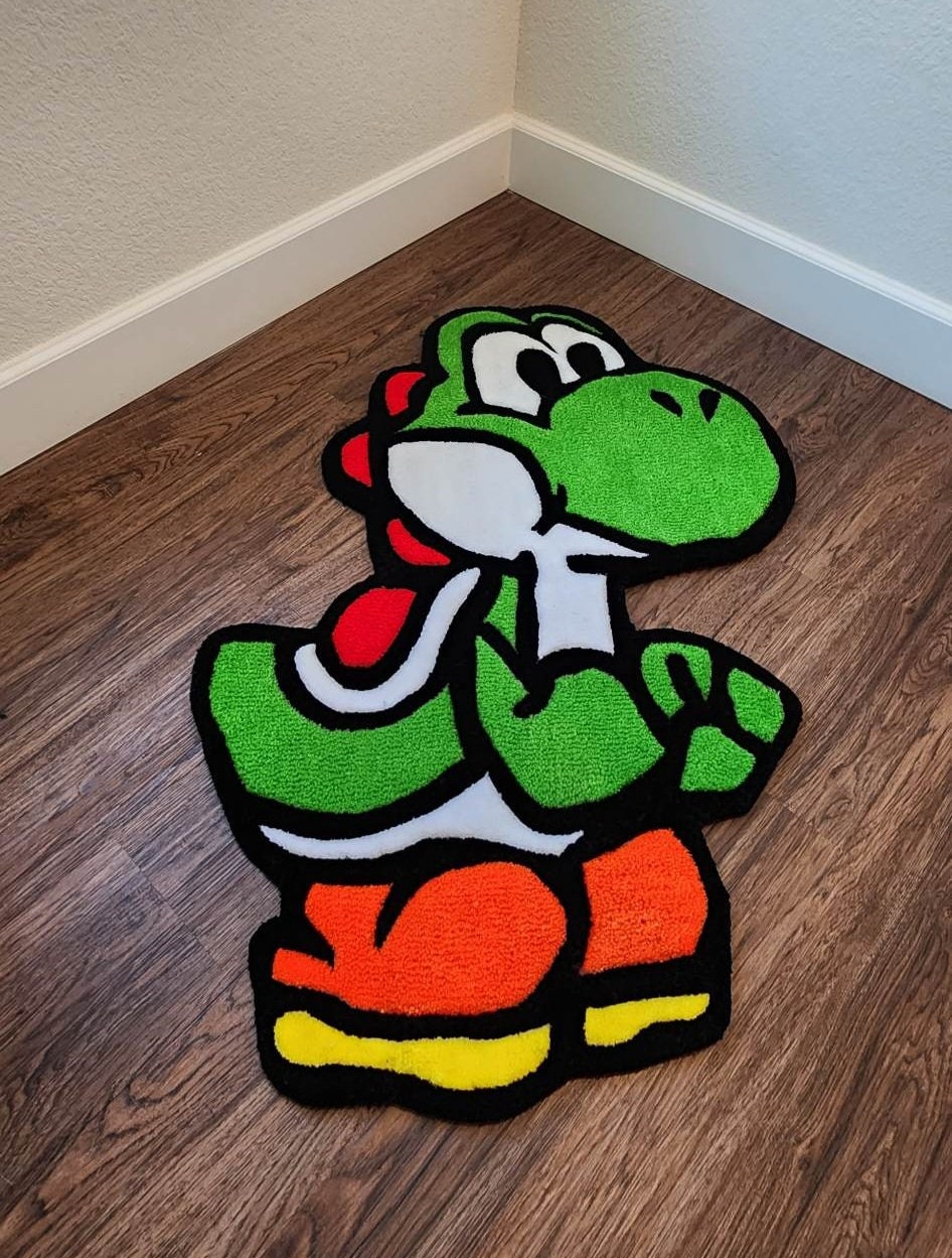 I made a tiny Yoshi egg rug to try burlap! : r/Tufting