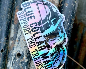 Blue Collar Made Holographic Sticker | Hardhat Vinyl Decal