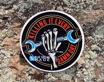 Blue Collar Wrench Sticker | Hard Hat Decal, Tradesman Gift