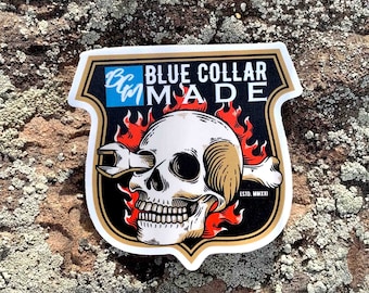 Blue Collar Skull Hard Hat Sticker | Tradesman Decal