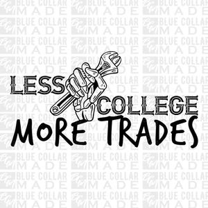 May include: Black and white graphic with the text "LESS COLLEGE MORE TRADES." A skeletal hand holds a wrench. The background has a repeating pattern of "BLUE COLLAR MADE."