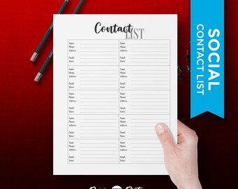 Contact List - Printable - Digital Download