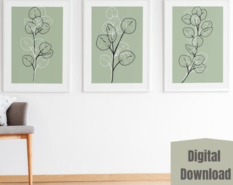Set van 3 saliegroene botanische muurafdrukken, botanische muurafdrukken, groene muurkunst, botanische kunst, groene muurdecor