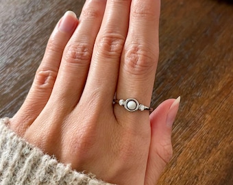 Waterproof dainty pearl fidget ring, white topaz spinner ring, anxiety ring, meditation jewelry, mindful ring