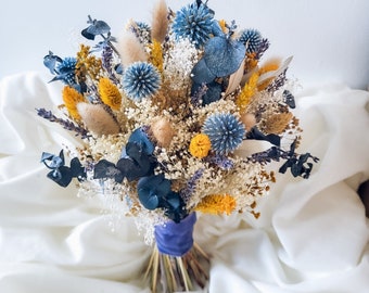 Blauer und gelber Brautstrauß, Frühlingshochzeitsstrauß, Sommerhochzeit, getrocknete Hochzeitsblumen, Schleierkraut, Lavendel, Brautjungfernstrauß