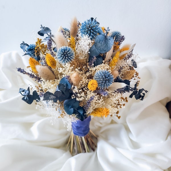 Blue and Yellow Bridal Bouquet, Spring Wedding bouquet, Summer wedding, Dried wedding flowers, Babys breath, lavender, Bridesmaid bouquet