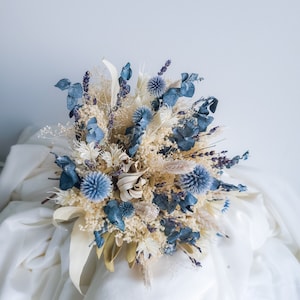 Bouquet de mariée bohème bleu et blanc fleurs séchées, bouquet de mariée, bouquet de demoiselles d'honneur, fleurs de mariage séchées et conservées, haleine de bébé Bridal Bouquet