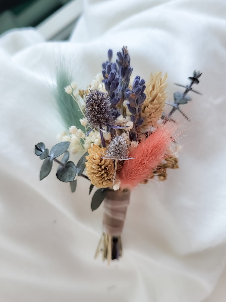 Rustic boho Bouquet, bouquet for wedding, Spring lavender bouquet, Eucalyptus, Blue thistle, Dried wedding flowers, rustic bride image 6