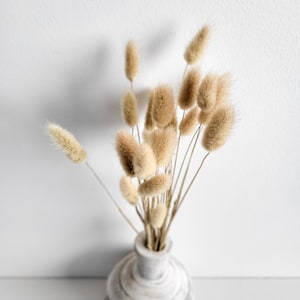 Peut inclure: Un petit vase rond en marbre gris et blanc contient un bouquet d'herbe de queue de lapin séchée. L'herbe duveteuse de couleur beige ajoute une touche naturelle à la décoration. Le vase mesure environ 13 cm de haut.
