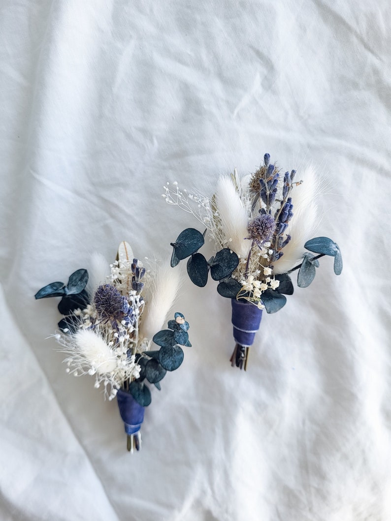 Blue and white boutonniere, Baby breath, lavender buttonhole, Boutonniere Pin, groomsmen, dried floral boutonniere, boho rustic wedding image 1
