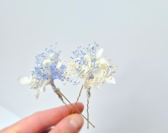 Flower hair pin, White blue hair pins, summer bride, hair piece, Something Blue Wedding, hydrangea and baby's breath