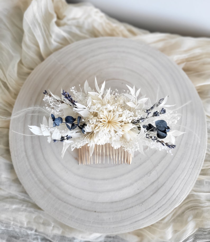 Bouquet de mariée bohème bleu et blanc fleurs séchées, bouquet de mariée, bouquet de demoiselles d'honneur, fleurs de mariage séchées et conservées, haleine de bébé Floral hair comb