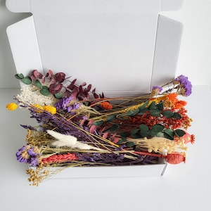 May include: A box filled with a variety of dried flowers in shades of purple, red, orange, and yellow. The flowers include eucalyptus, lavender, poppy pods, and other dried botanicals.
