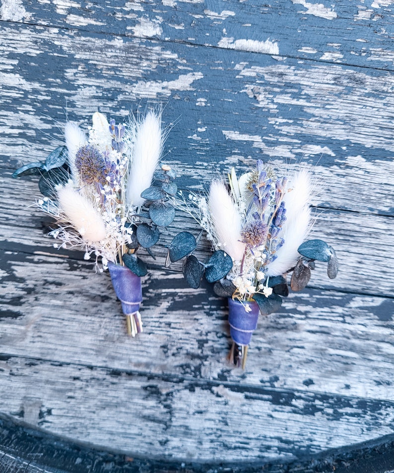 Blue and white boutonniere, Baby breath, lavender buttonhole, Boutonniere Pin, groomsmen, dried floral boutonniere, boho rustic wedding image 2