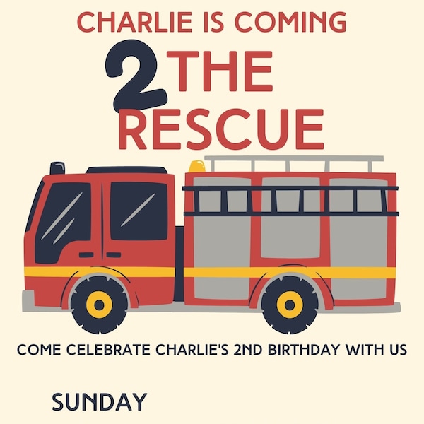 Fire Fighter Birthday Invitation | 2 the Rescue | 2nd Birthday Invitation