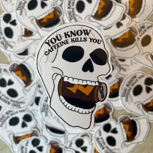 Caffeine Skull Funny Sticker, Energy Drink, Skull, Horror, Undead, Water Bottle Sticker, Laptop Sticker