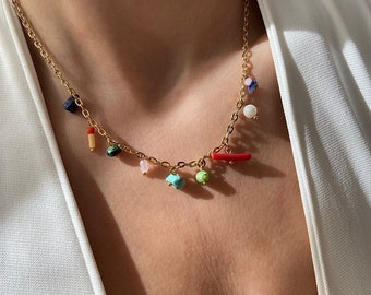 Minimal Natural Stone Charm Necklace Gifts for Her, Colorful Statement Necklace, Colorful Charm Necklace, Summer Necklace, Gold chain