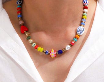 Colorful Glass Beads Necklace | Daily Accessories for Men and Women | Hand Drawing Beaded Necklace | Gift for Women Jewelry