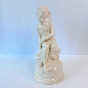 Vintage 1991 Signed Ceramic 11&quot; Tall Winged Angel Figurine Seated Glossy Off White Ivory Holiday Religious Cherub