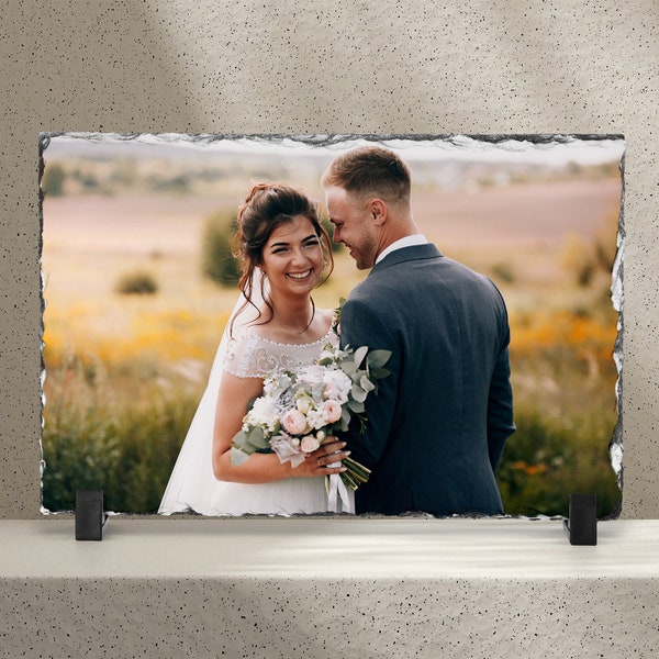 Slate Wedding Photo - PERSONALIZED photo on rock slate makes beautiful wedding gift!!