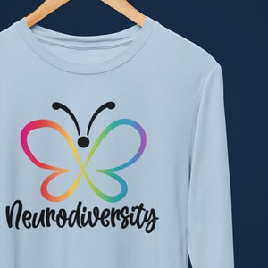 Long sleeve shirt - Rainbow butterfly - Neurodiversity | light blue or red | Sizes S-3XL!