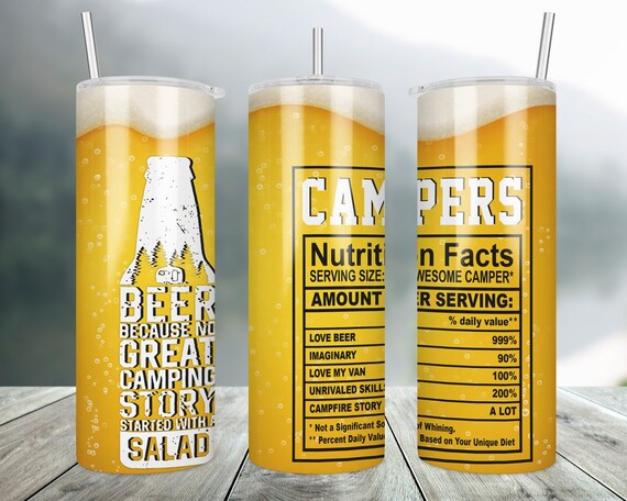 Camping Beer tumbler | "Because no great camping story started with a salad" | 20oz stainless steel w/ lid and straw