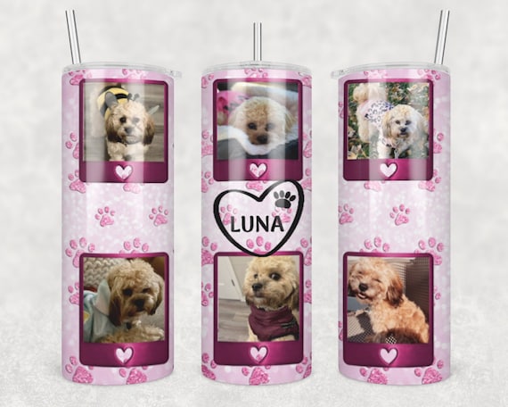 Personalized Dog Tumbler Pink! | Add photos and dog's name | 20oz skinny stainless steel with cover and straw