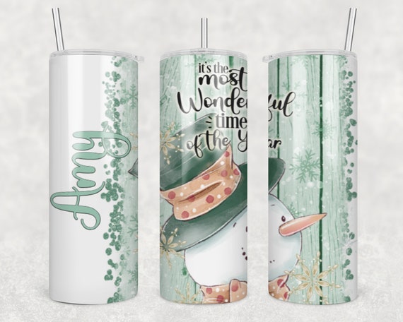 Personalized Snowman Christmas Tumbler | Add your name | 20oz skinny stainless steel with cover and straw