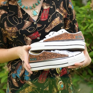 Customizable Hand-Tooled Leather on Low Top Converse