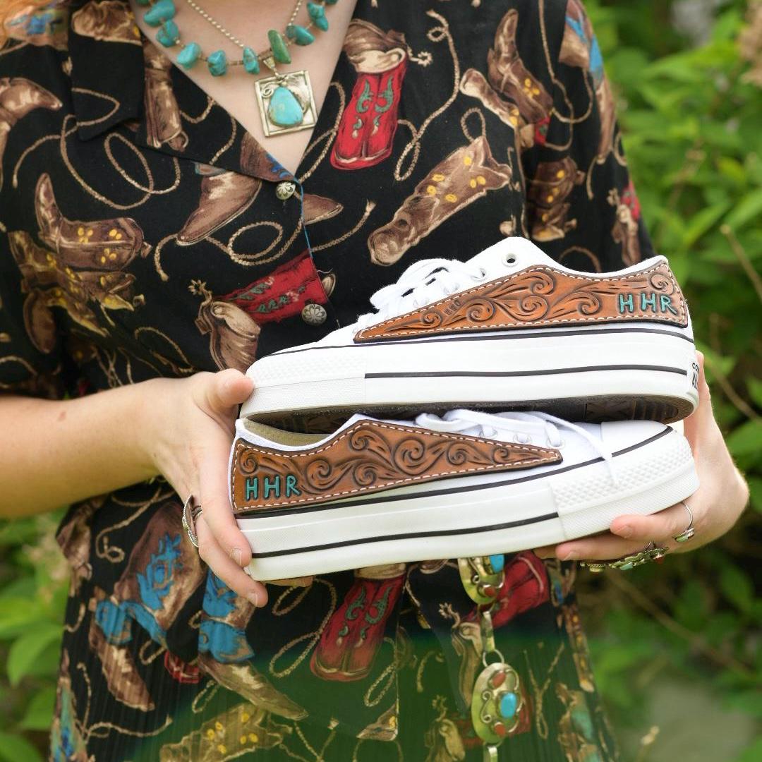 Customizable Hand-Tooled Leather on Low Top Converse