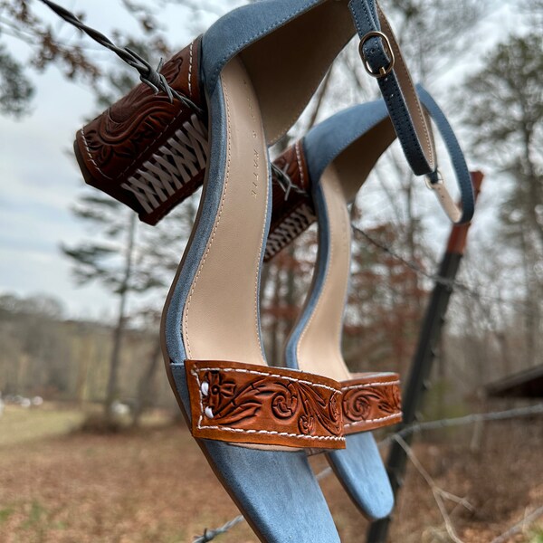 Customizable Hand-Tooled Leather Wedding High Heels- Colored