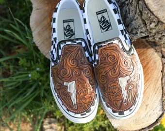 Custom Hand-tooled Leather Vans Slip Ons