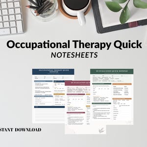 Könnte beinhalten: Drei Ergotherapie-Notizblätter mit strukturierten Formularen, Kopfzeilen, Kontrollkästchen und Leerzeilen für die klinische Dokumentation. Die Blätter sind farblich in Marineblau, Kastanienbraun und Waldgrün gehalten und enthalten klare Textbeschriftungen für Patientendaten.