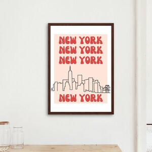New York City Retro Poster, NYC Travel Print, Manhattan Skyline Digital Art Download, Cityscape Wall Art