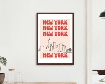 New York City Retro Poster, NYC Travel Print, Manhattan Skyline Digital Art Download, Cityscape Wall Art