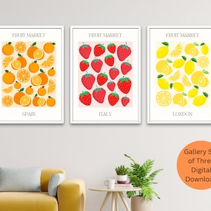 Fruitmarktprint, galerijset keukenfruitmuurkunst, oranje aardbei-citroenposter, Spanje Italië Londen Art Print, reismarktprint