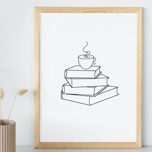 本好きのデジタルプリント、コーヒーと本の山、本好きのギフト、読書アートポスター、読書好きの装飾、ラインアートプリント