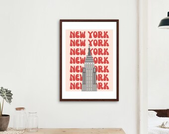 New York City Retro Poster, NYC Travel Print, Empire State Digital Art Download, Trendy Wall Art