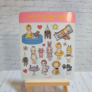 Sonny Engel Stickerbogen und Sticker | süße glänzende Vinyl-Sticker - süßer Engel Hängeohrinchen Häschen Ente Pflanzen Erdbeere Blume