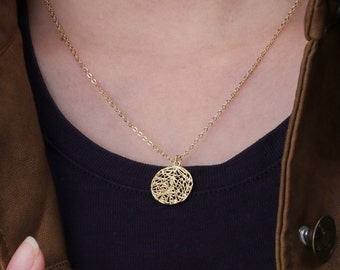 14K Gold Full Moon Medallion Necklace: Dainty Lace Disc Pendant