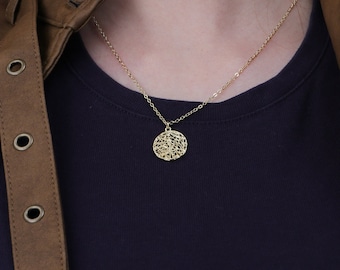 Dainty 14K Gold Medallion Necklace: Weaved Disc Pendant