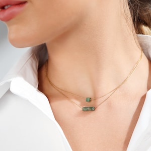 18K Gold Jade Green Layered Bar Pendant Necklace - Double Strand Dainty Pendant for Women with Adjustable Extension