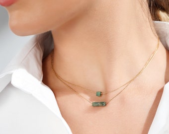 18K Gold Jade Green Layered Bar Pendant Necklace - Double Strand Dainty Pendant for Women with Adjustable Extension