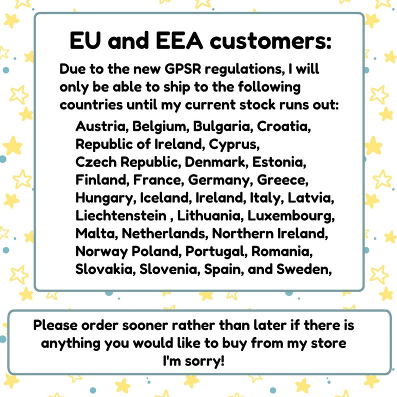 May include: A text-based announcement for EU and EEA customers regarding shipping restrictions due to new GPSR regulations. The announcement lists countries where shipping is currently available.