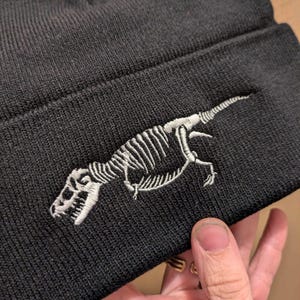 Black Beanie with Embroidered T-rex Skeleton - thick and warm dinosaur winter hat