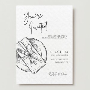 Elegante minimale Dinner Party Einladung, Canva bearbeitbar, einladen zu einer digitalen Veranstaltung, anpassbar und druckbar Download